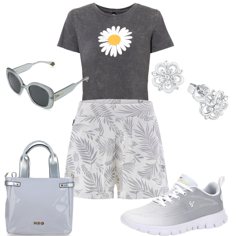 Outfit donna - Sporty. Stile Casual per Tutti i giorni. Abbinamento con t-shirt, shorts, sneakers, borse a mano, orecchini, occhiali da sole.