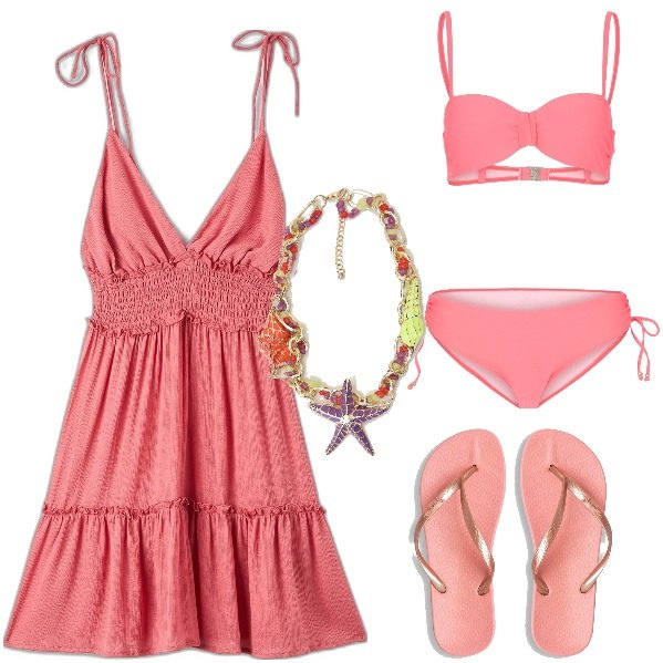 Outfit donna - Barbie mare. Stile Trendy per Mare. Abbinamento con bikini, vestiti corti, collane, infradito.