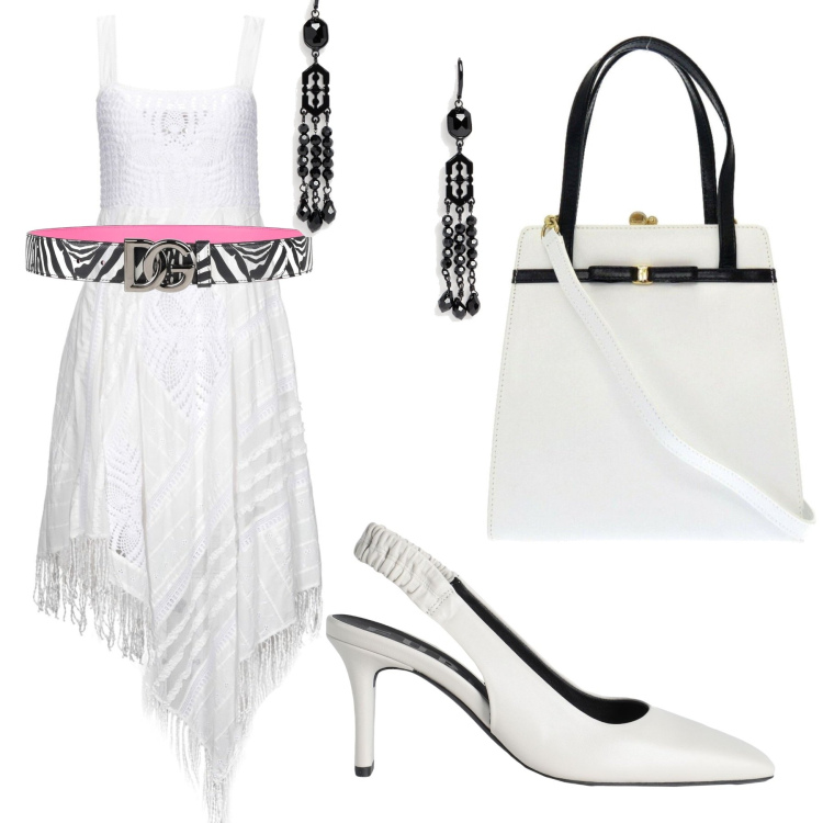 Outfit donna - L\'abito con le frange. Stile Boho per Serata fuori. Abbinamento con vestiti asimmetrici, décolleté, borse a mano, cinture, orecchini.