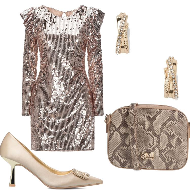 Outfit donna - Galà in crociera. Stile Glamour per Serata fuori. Abbinamento con vestiti corti, borse a tracolla, orecchini, décolleté.
