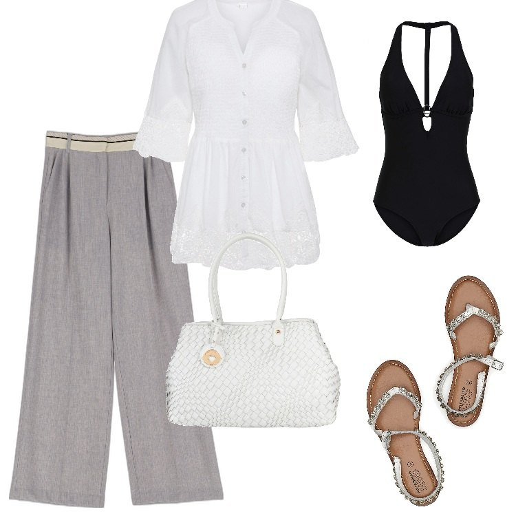 Outfit donna - Total look #1676502. Stile Boho per Mare. Abbinamento con costumi interi, camicie, borse a mano, pantaloni a palazzo, sandali in pelle.