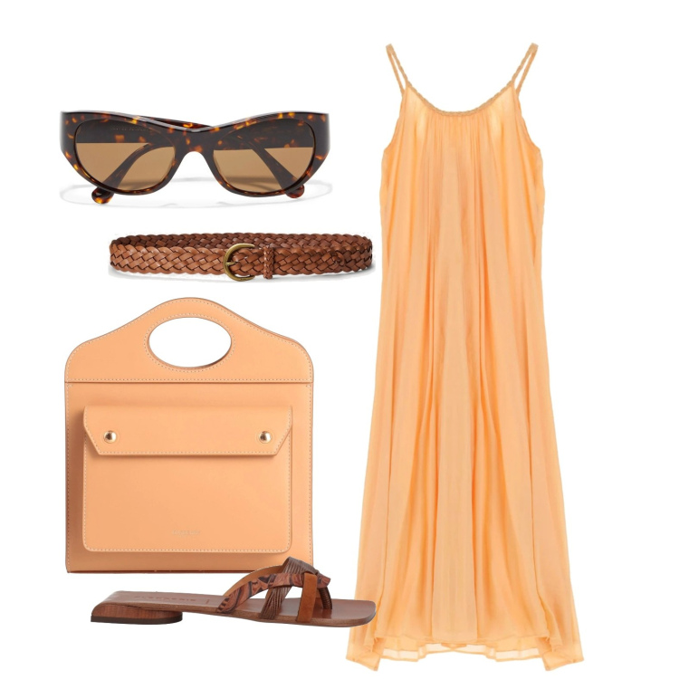 Outfit donna - Ghost outfitter - luglio. Stile Trendy per Tutti i giorni. Abbinamento con occhiali da sole, infradito, borse a mano, vestiti midi/longuette, cinture.