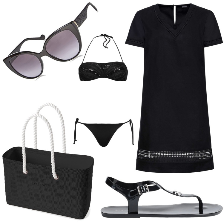 Outfit donna - Un giorno al mare. Stile Bon Ton per Mare. Abbinamento con vestiti, infradito, bikini, borse a spalla, occhiali da sole.