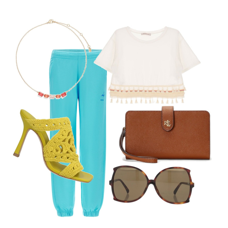 Outfit donna - Ghost outfitter - luglio. Stile Glamour per Tutti i giorni. Abbinamento con sandali in pelle, occhiali da sole, t-shirt, pantaloni, pochette, collane.