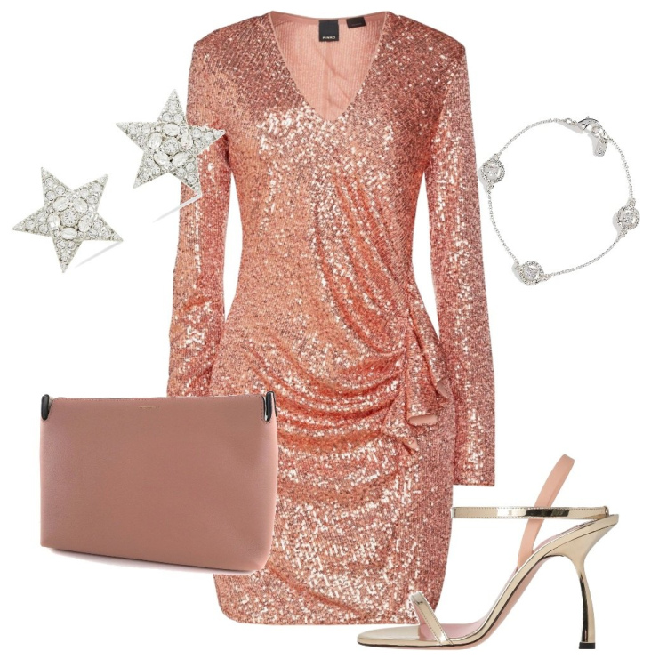Outfit donna - Vestito in paillettes. Stile Glamour per Serata fuori. Abbinamento con vestiti corti, borse a mano, sandali col tacco, orecchini, braccialetti.