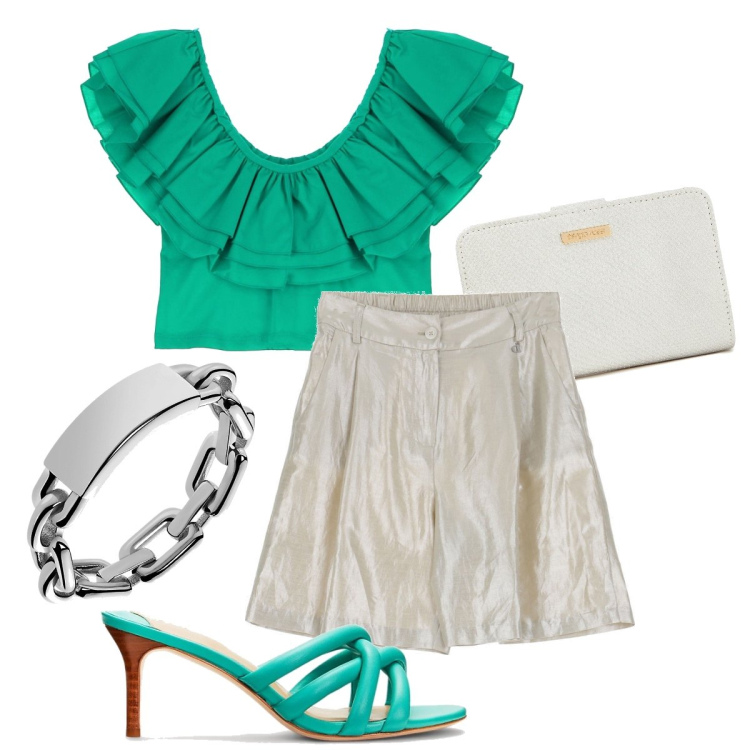Outfit donna - Glam per l’aperitivo. Stile Glamour per Serata fuori. Abbinamento con portafogli, top, bermuda, anelli, sandali in pelle.