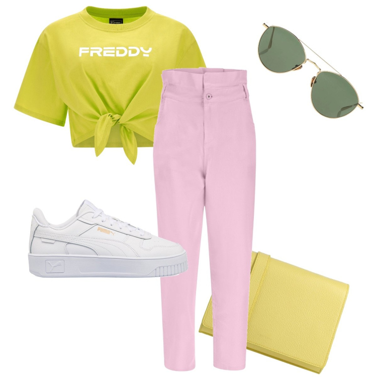 Outfit donna - Una giornata full color. Stile Basic per Tutti i giorni. Abbinamento con occhiali da sole, borse a tracolla, jeans, t-shirt, sneakers.