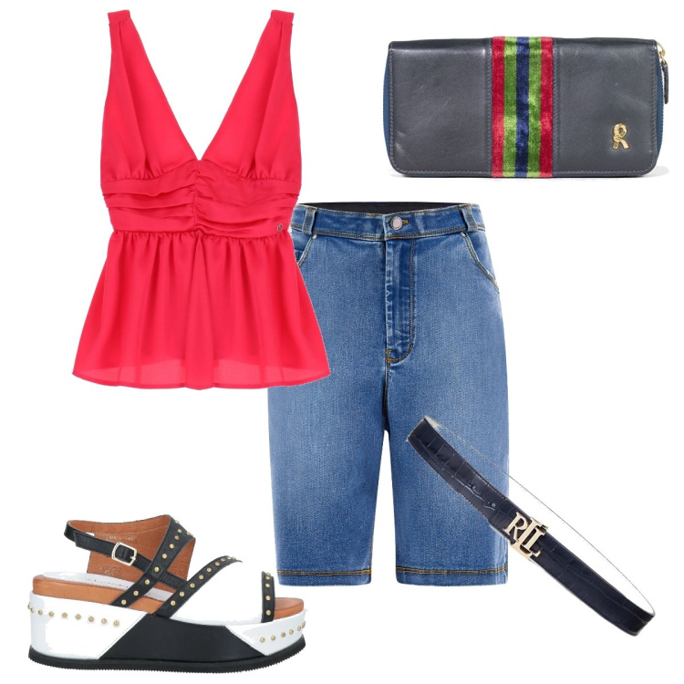 Outfit donna - Colorata. Stile Casual per Tutti i giorni. Abbinamento con sandali in pelle, borse a mano, bermuda, canottiere, cinture.