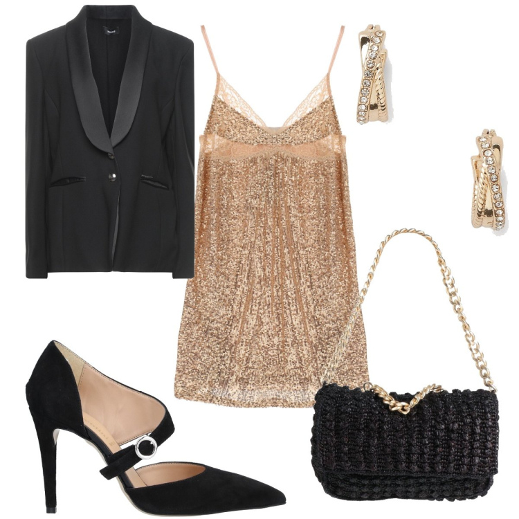 Outfit donna - Glamour d’oro. Stile Glamour per Serata fuori. Abbinamento con blazer, borse a mano, décolleté, vestiti corti, orecchini.