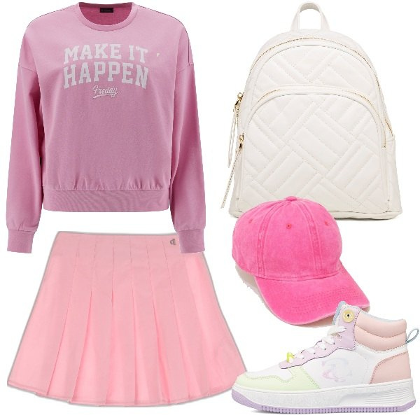 Outfit donna - Mean girl. Stile Trendy per Scuola/Università. Abbinamento con cappelli con visiera, felpe, minigonne, sneakers alte, zaini.