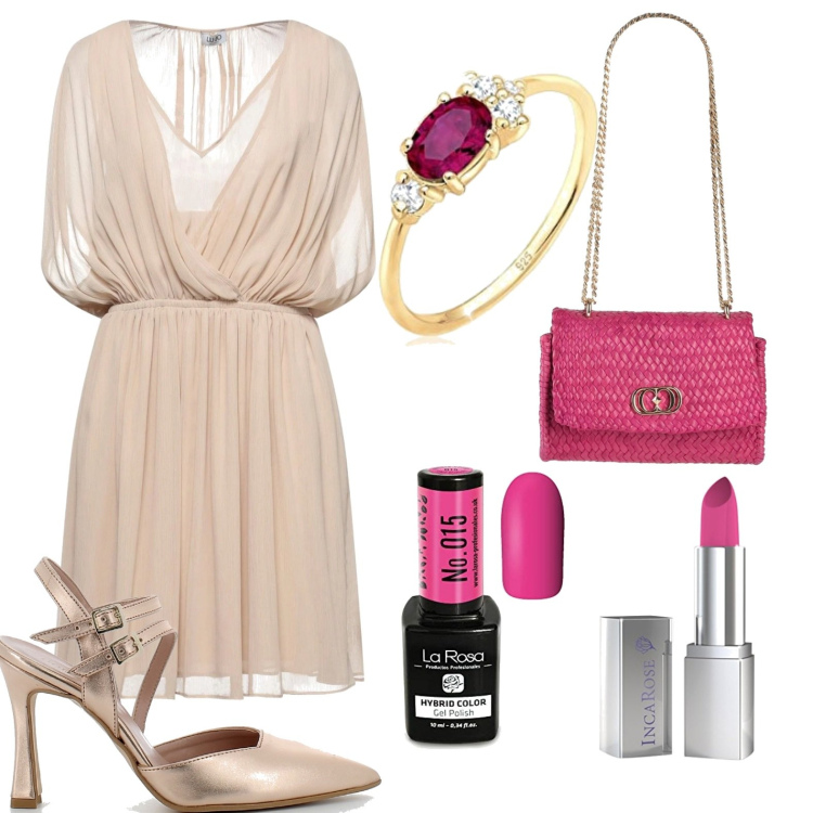 Outfit donna - Non tutto è scontato. Stile Glamour per Cerimonia. Abbinamento con vestiti corti, borse a mano, sandali in pelle, rossetti, smalti, anelli.