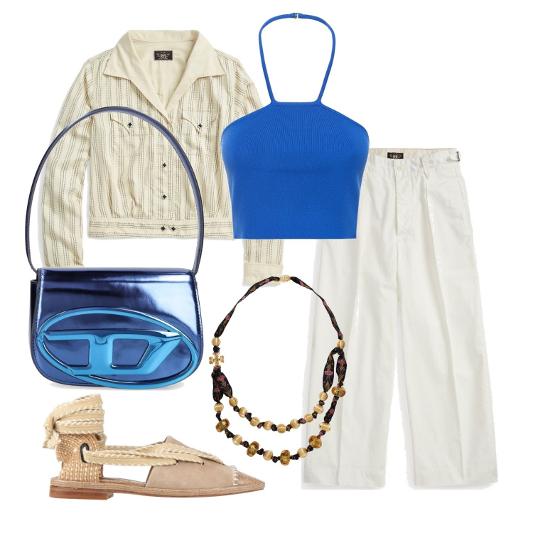 Outfit donna - Ghost outfitter - luglio. Stile Trendy per Tutti i giorni. Abbinamento con collane, ballerine, pantaloni, giacche, top, borse a spalla.