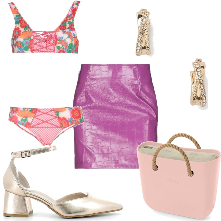 Outfit donna - Total look #1676704. Stile Trendy per Mare. Abbinamento con bikini, minigonne, sandali in pelle, orecchini, borse a spalla.