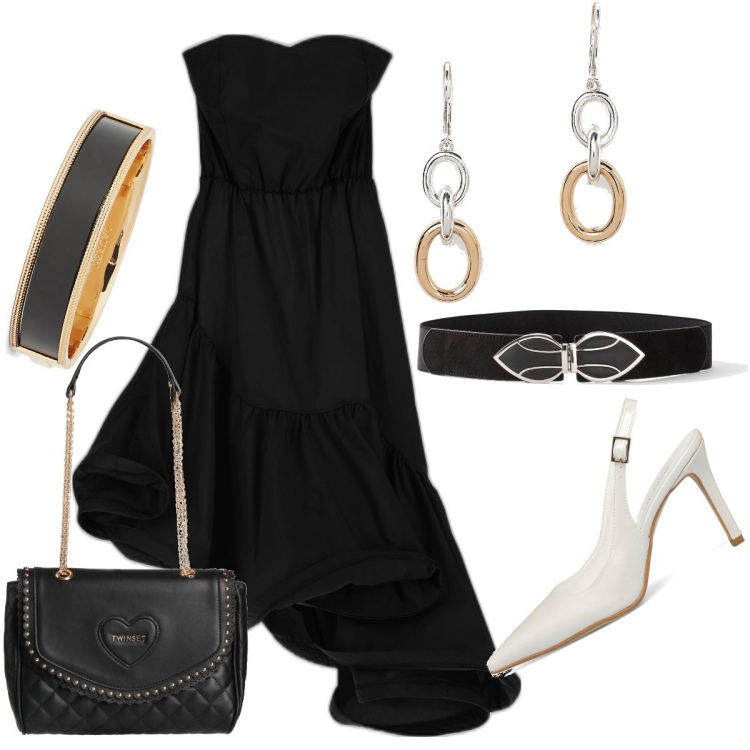 Outfit donna - Total look #1676710. Stile Glamour per Serata fuori. Abbinamento con cinture, borse a mano, vestiti asimmetrici, braccialetti, orecchini, décolleté.