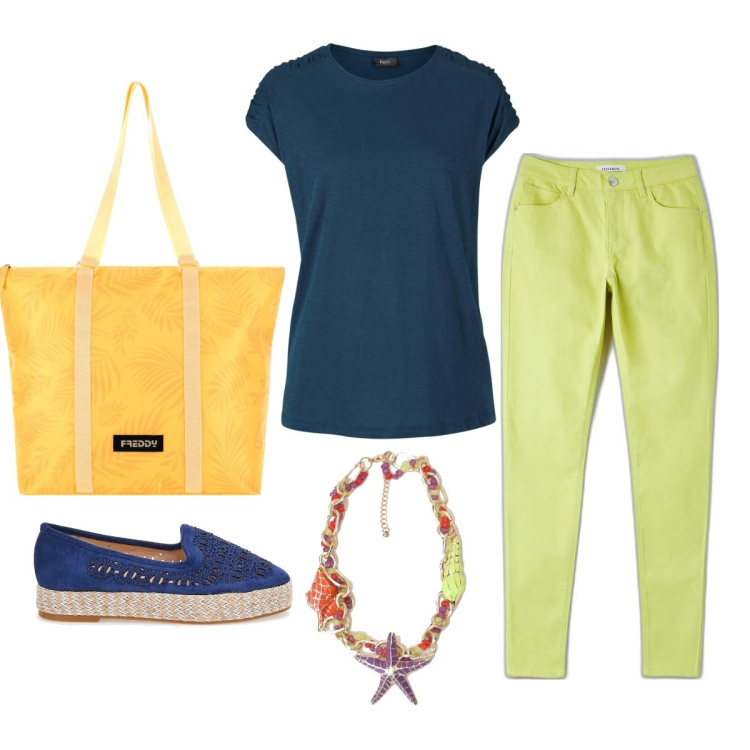 Outfit donna - Acid casual. Stile Casual per Tutti i giorni. Abbinamento con t-shirt, pantaloni skinny, borse tote, collane, espadrillas.