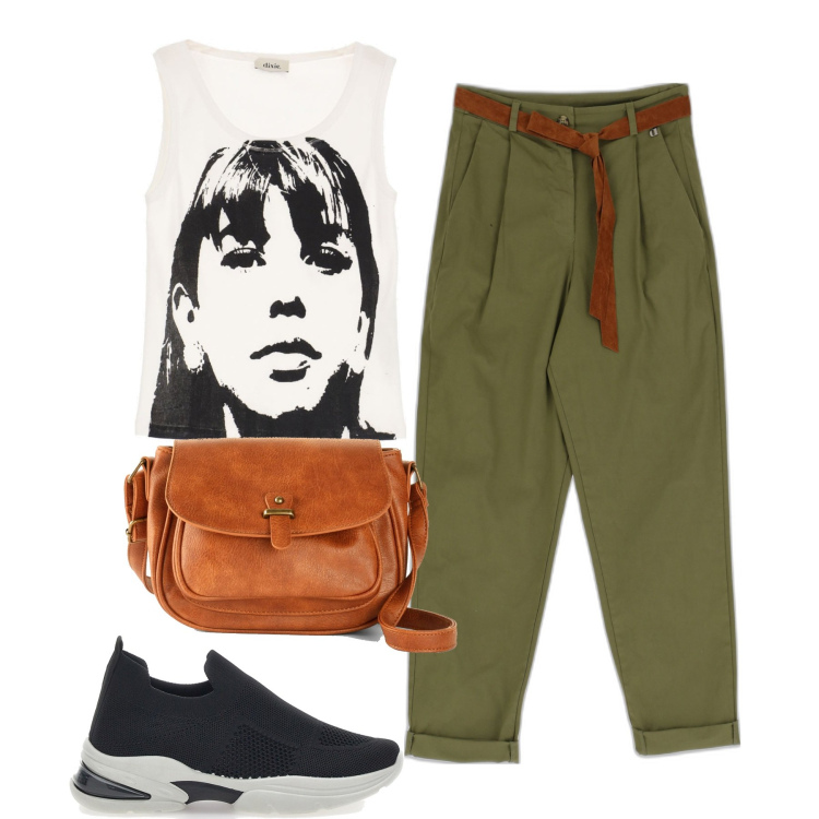 Outfit donna - Oggi piove. Stile Casual per Tutti i giorni. Abbinamento con borse a tracolla, pantaloni capri, canottiere, sneakers.