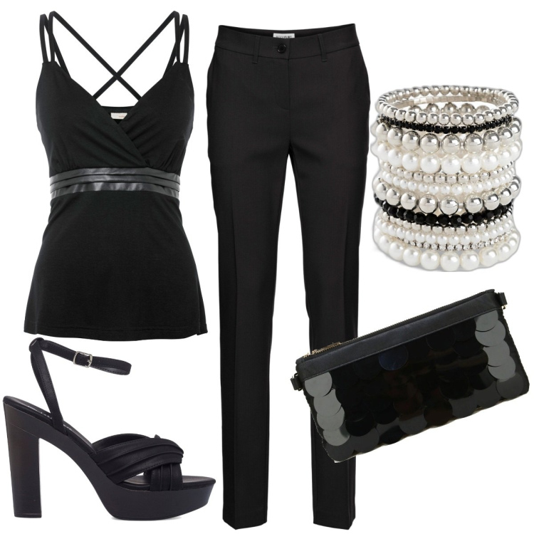 Outfit donna - Total black. Stile Glamour per Serata fuori. Abbinamento con pantaloni, braccialetti, top, pochette, sandali col tacco.