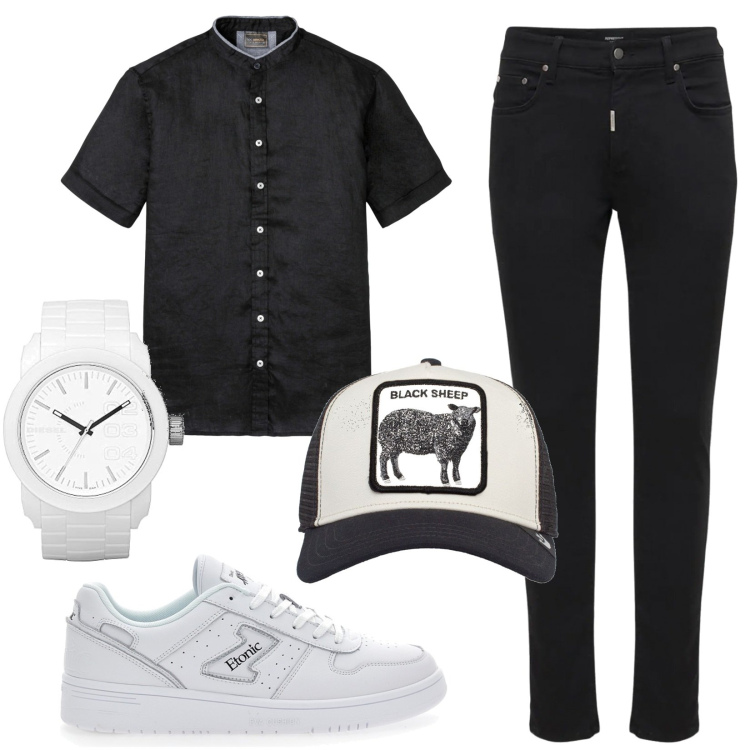 Outfit uomo - Sneakers bianche. Abbinamento con camicie a manica corta, jeans skinny, orologi, sneakers, cappelli.