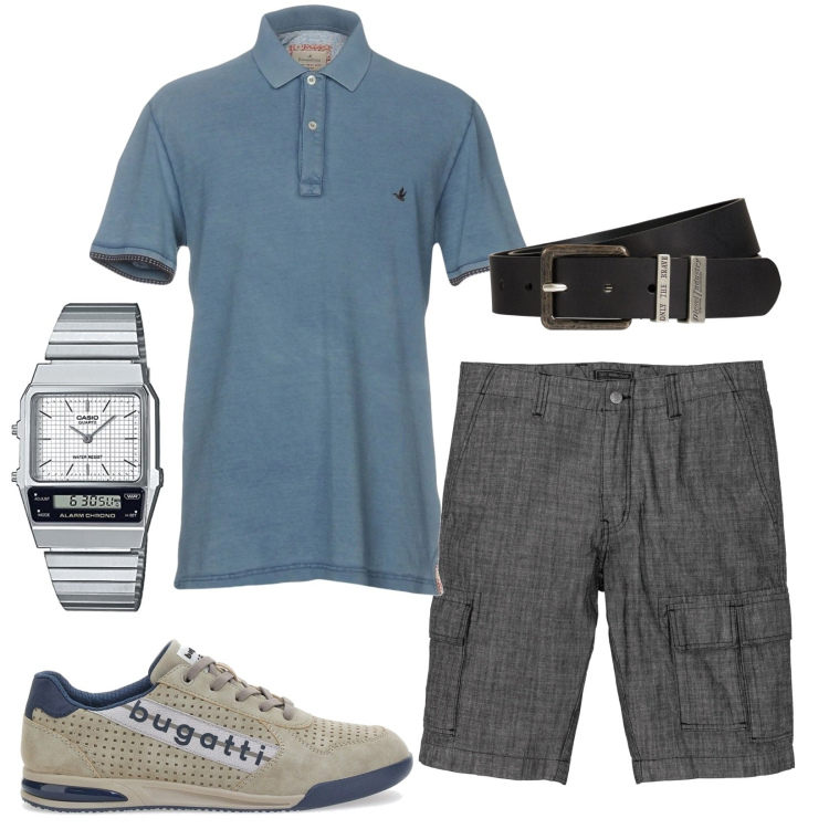 Outfit uomo - Ufficio. Stile Casual per Ufficio. Abbinamento con bermuda, polo, cinture, orologi analogici, scarpe stringate.