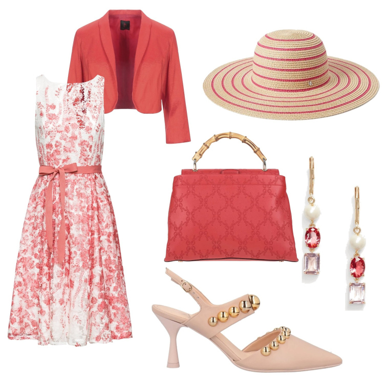 Outfit donna - Outfit “corallo” interscambiabile. Stile Romantica per Tutti i giorni. Abbinamento con vestiti midi/longuette, décolleté, blazer, borse a mano, orecchini, cappelli.