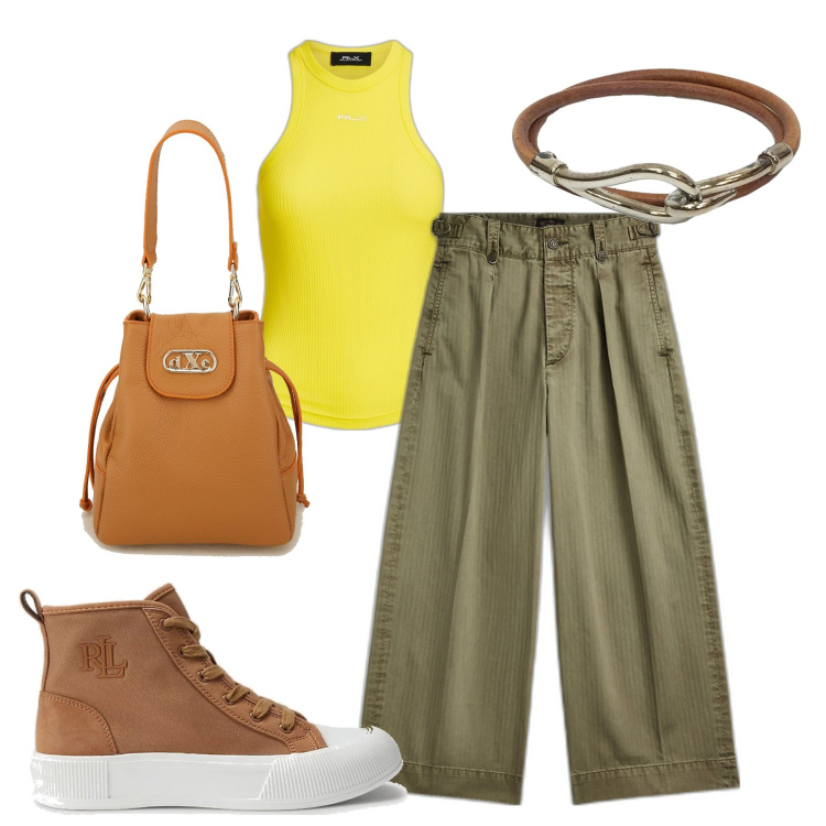 Outfit donna - Sporty chic. Stile Sporty chic per Tutti i giorni. Abbinamento con braccialetti, pantaloni, sneakers alte, canottiere, borse a secchiello.