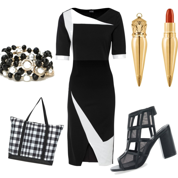 Outfit donna - Geometric black and white. Stile Bon Ton per Serata fuori. Abbinamento con vestiti a tubino, borse tote, braccialetti, sandali, rossetti.