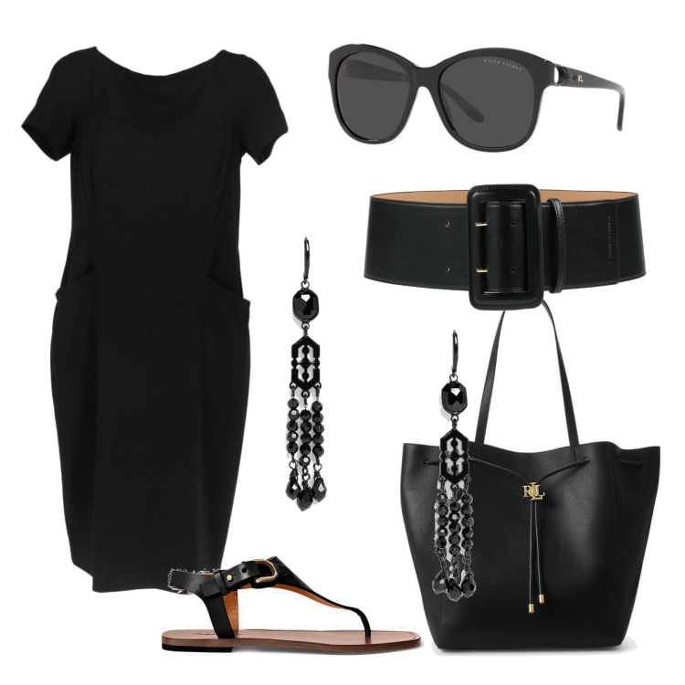 Outfit donna - Black queen. Stile Chic per Tutti i giorni. Abbinamento con vestiti midi/longuette, cinture, occhiali da sole, orecchini, infradito, borse tote.