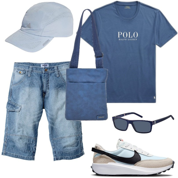 Outfit uomo - Total look #1677022. Stile Casual per Tutti i giorni. Abbinamento con bermuda, t-shirt, sneakers, occhiali da sole, portafogli, cappelli con visiera.