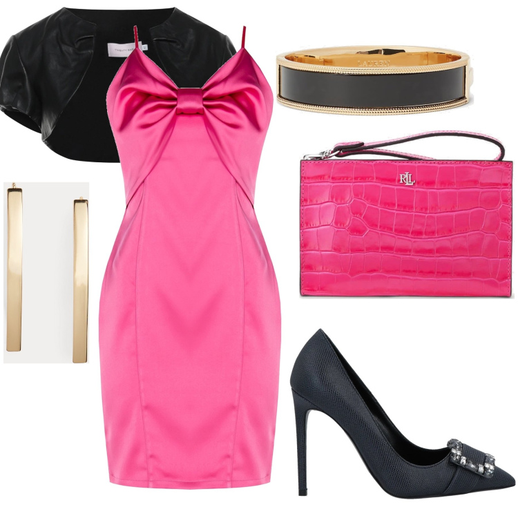 Outfit donna - We are Kenough. Stile Glamour per Serata fuori. Abbinamento con décolleté, bolero, vestiti a tubino, orecchini, pochette, braccialetti.