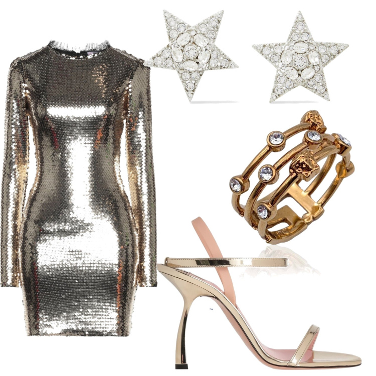 Outfit donna - Shine bright like a diamond. Stile Glamour per Serata fuori. Abbinamento con anelli, vestiti corti, orecchini, sandali col tacco.