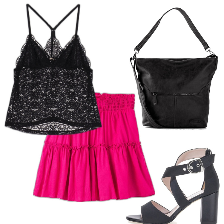 Outfit donna - Total look #1677124. Stile Trendy per Serata fuori. Abbinamento con borse a tracolla, canottiere, gonne, sandali col tacco.