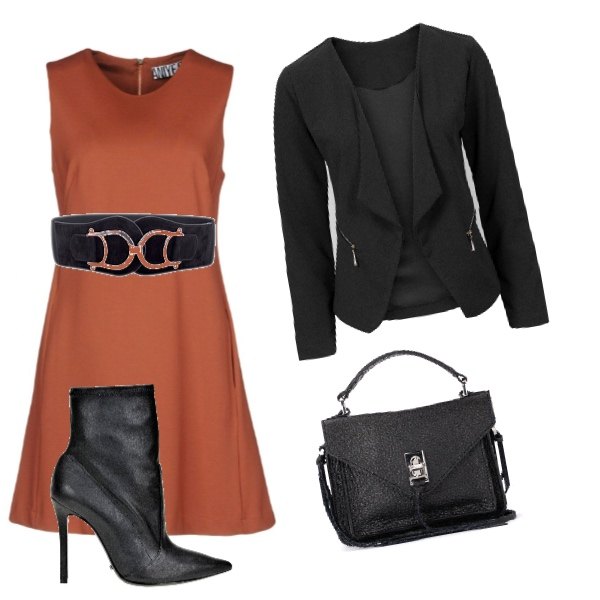 Outfit donna - Urban #6853. Stile Urban per Ufficio. Abbinamento con cinture, blazer forma asimmetrica con zip jersey nero, vestito corto a trapezio collo tondo con zip interno sfoderato jersey, stivali, borsa a tracolla mini con tracolla regolabile nero.