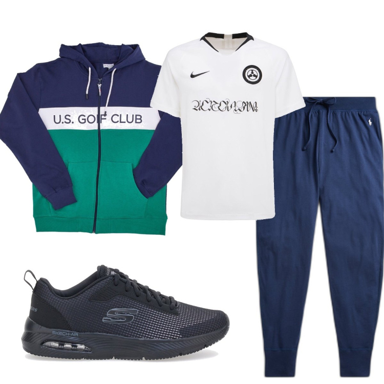 Outfit uomo - Total look #1677161. Stile Trendy per Sport. Abbinamento con pantaloni, t-shirt, felpe con cappuccio, sneakers.