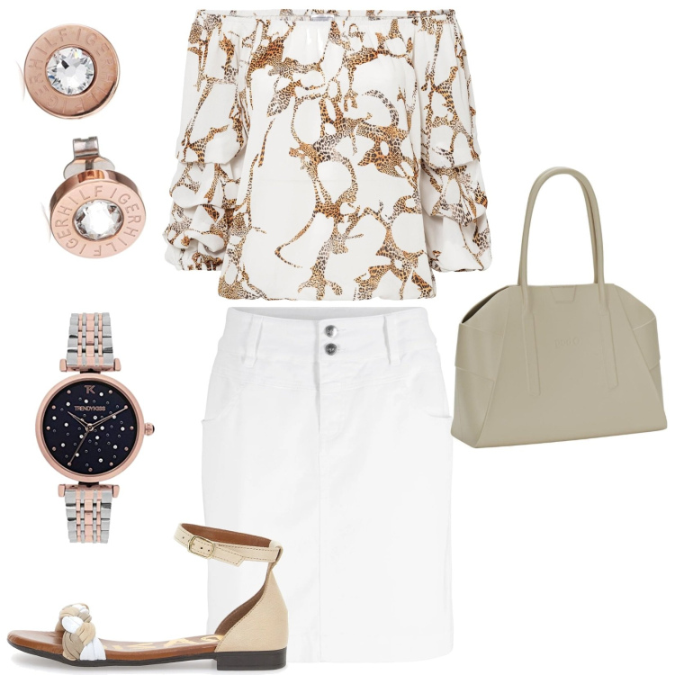 Outfit donna - Total look #1677188. Stile Casual per Ufficio. Abbinamento con minigonne, bluse, sandali in pelle, orologi, borse a spalla, orecchini.