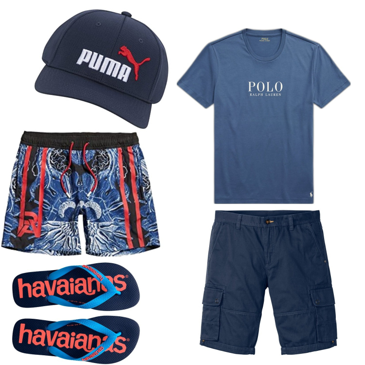 Outfit uomo - Giornata al mare. Stile Casual per Mare. Abbinamento con bermuda, t-shirt, sandali, costumi, cappelli con visiera.