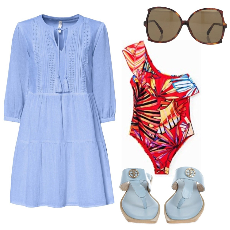 Outfit donna - Il costume monospalla. Stile Bon Ton per Mare. Abbinamento con vestiti da spiaggia, occhiali da sole, infradito, bikini.