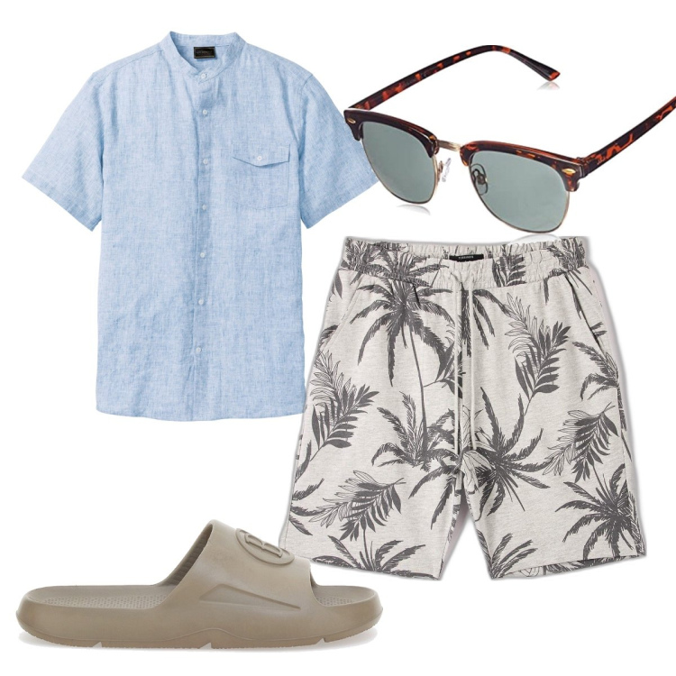 Outfit uomo - Total look #1677253. Stile Trendy per Tutti i giorni. Abbinamento con camicie a manica corta, bermuda, sandali, occhiali da sole.
