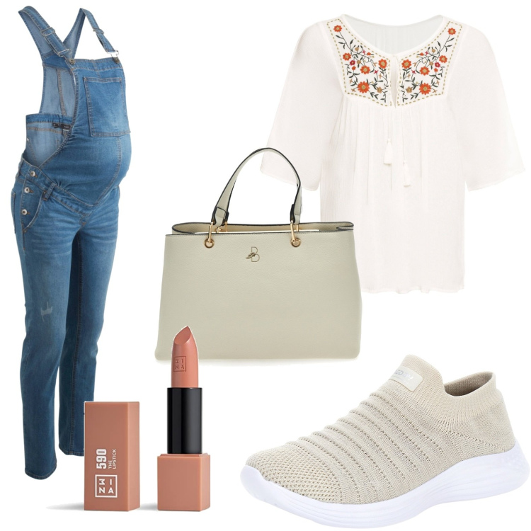 Outfit donna - Premaman shopping time. Stile Casual per Tutti i giorni. Abbinamento con tuniche, salopette, sneakers, borse a mano, rossetti.