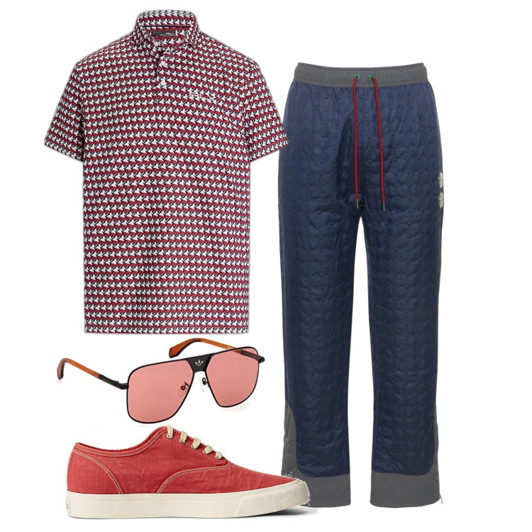 Outfit uomo - Con un po\' di rosso. Stile Casual per Tutti i giorni. Abbinamento con sneakers, polo, pantaloni, occhiali da sole.