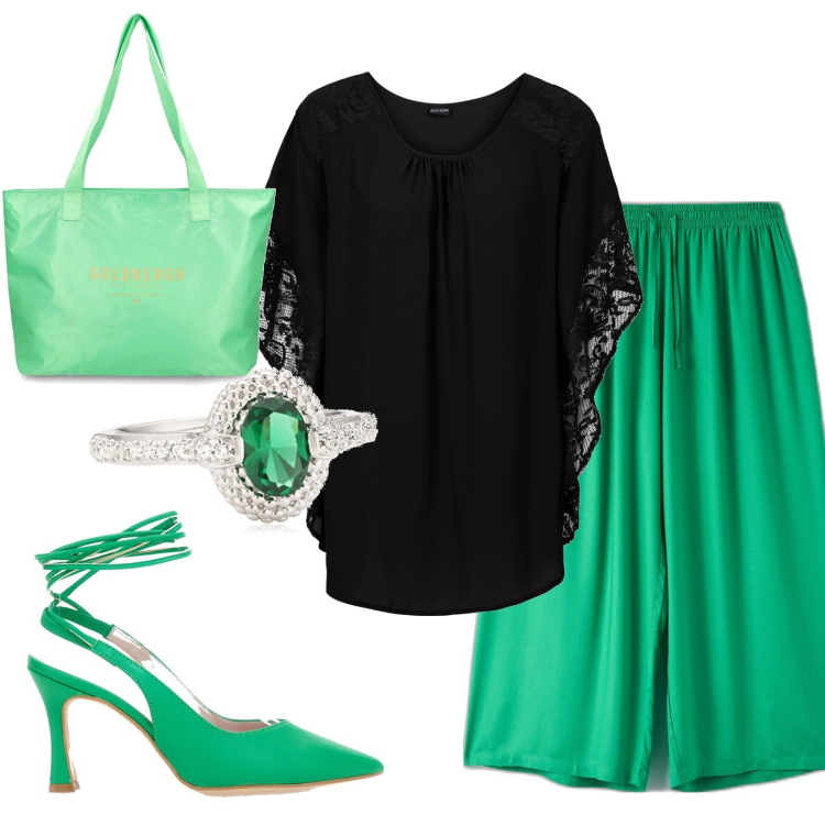 Outfit donna - Sofisticatamente curvy. Stile Bon Ton per Serata fuori. Abbinamento con bluse, pantaloni a palazzo, anelli, shopping bag, décolleté.