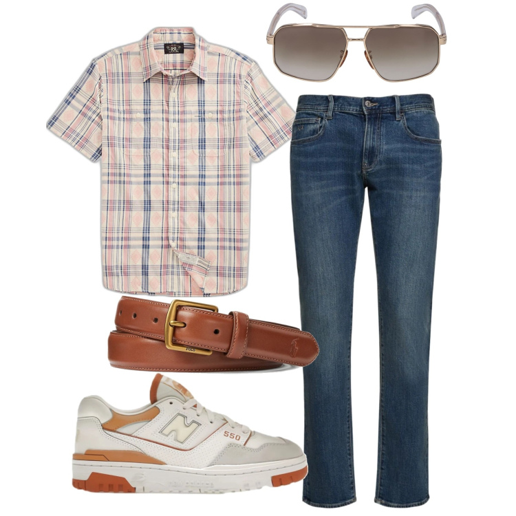 Outfit uomo - Oggi libero. Stile Casual per Tutti i giorni. Abbinamento con sneakers, cinture, camicie, occhiali da sole, jeans slim fit.