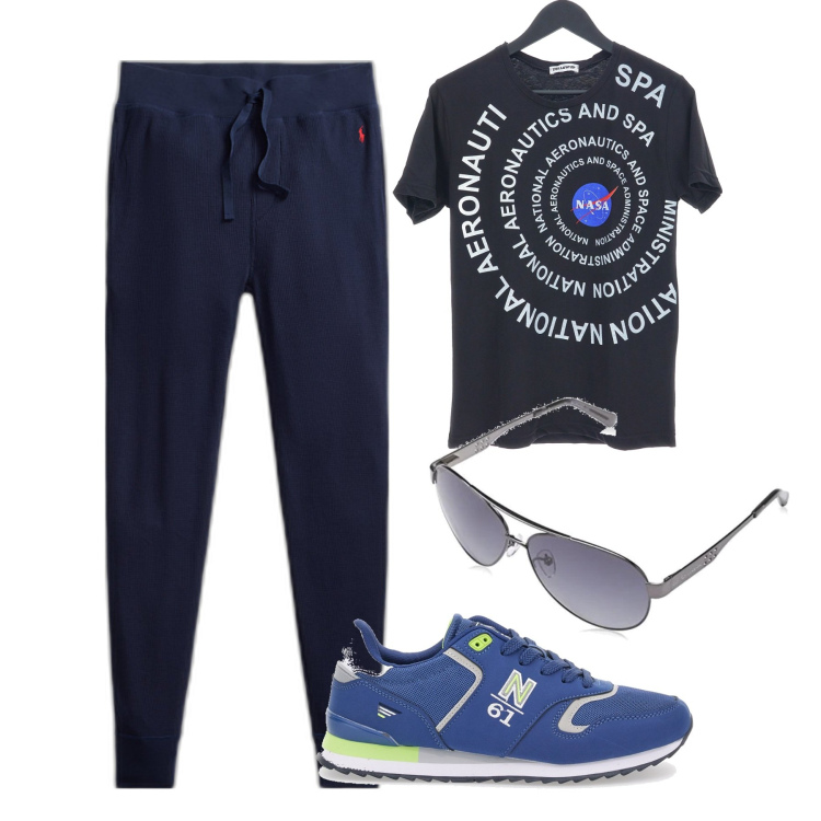 Outfit uomo - Punto blu. Stile Casual per Tutti i giorni. Abbinamento con pantaloni, occhiali da sole, t-shirt, sneakers.