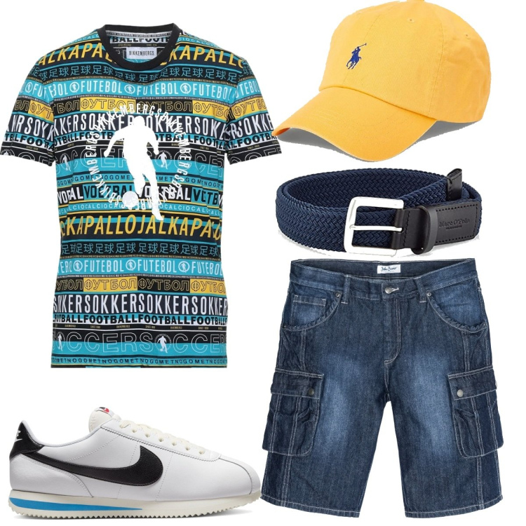Outfit uomo - Total look #1677352. Stile Casual per Tutti i giorni. Abbinamento con bermuda, t-shirt, cappelli con visiera, sneakers, cinture.
