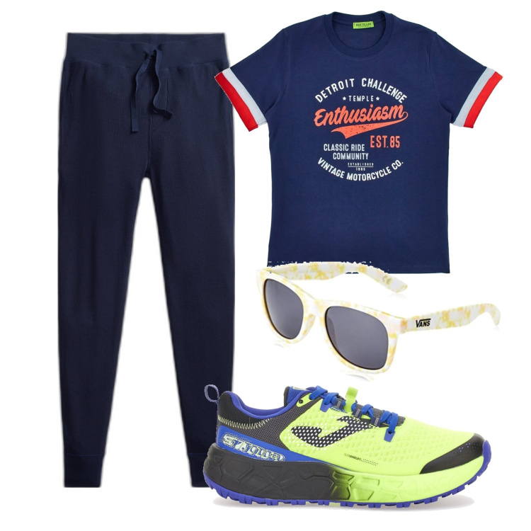 Outfit uomo - Colori. Stile Urban per Tutti i giorni. Abbinamento con pantaloni, t-shirt, occhiali da sole, sneakers.