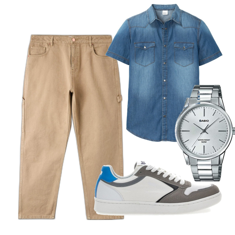 Outfit uomo - Un classico. Stile Casual per Tutti i giorni. Abbinamento con camicie a manica corta, pantaloni, sneakers, orologi analogici.