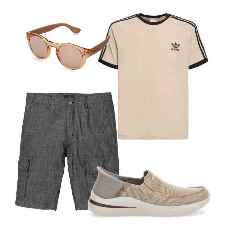 Outfit uomo - Distinto. Stile Trendy per Tutti i giorni. Abbinamento con bermuda, occhiali da sole, sneakers, t-shirt.
