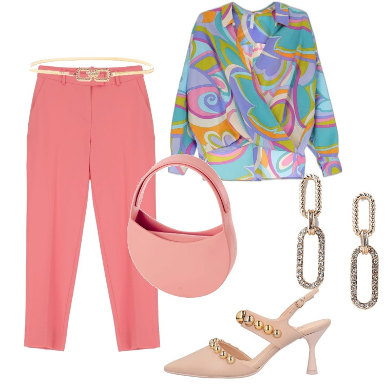 Outfit donna - Look fresco e colorato. Stile Chic per Serata fuori. Abbinamento con décolleté, camicie, cinture, pantaloni capri, orecchini, borse a spalla.