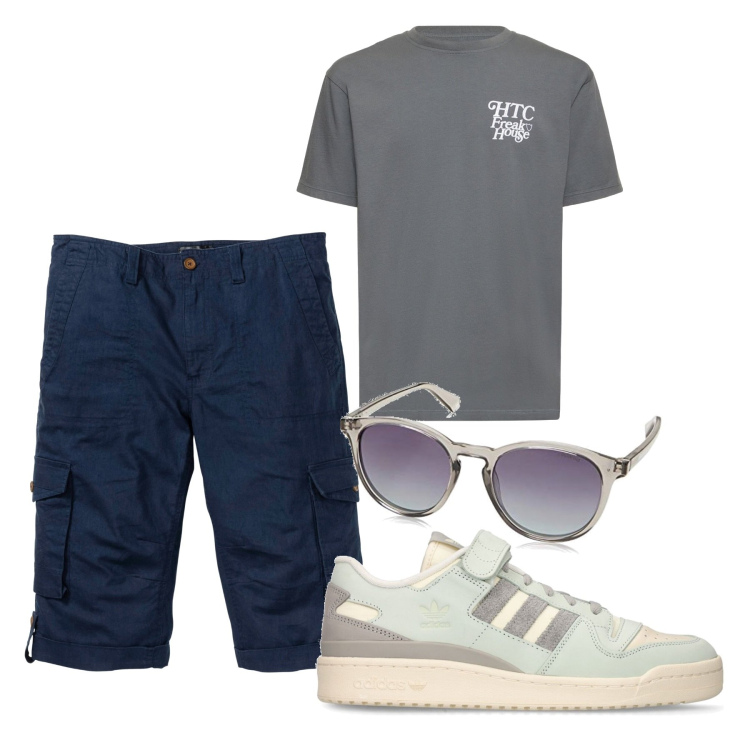 Outfit uomo - Cargo blu. Stile Casual per Tutti i giorni. Abbinamento con bermuda, occhiali da sole, t-shirt, sneakers.