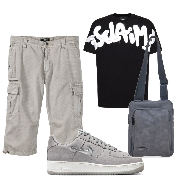 Outfit uomo - Il borsello. Stile Urban per Tutti i giorni. Abbinamento con bermuda, sneakers, portafogli, t-shirt.