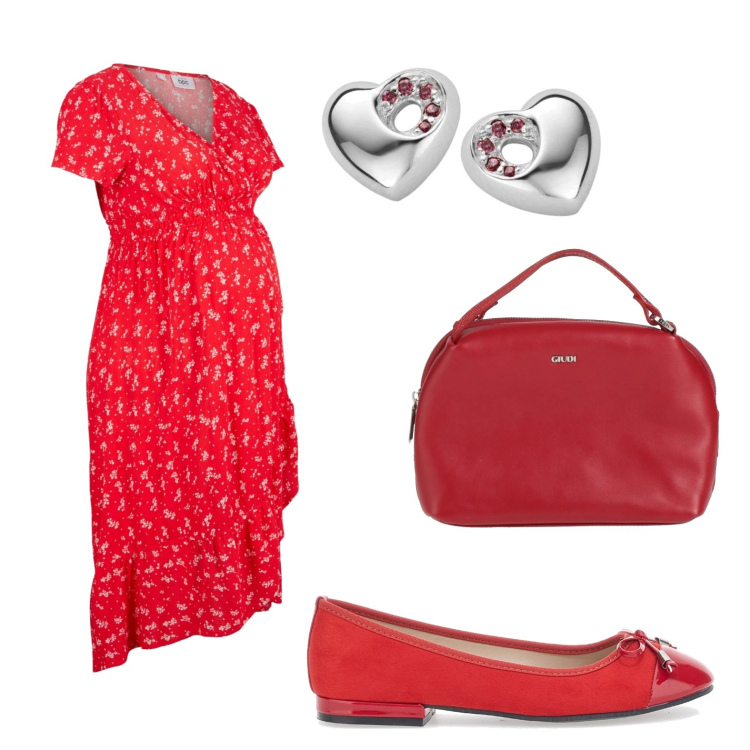 Outfit donna - Premaman in rosso. Stile Casual per Tutti i giorni. Abbinamento con vestiti asimmetrici, borse a mano, ballerine, orecchini.